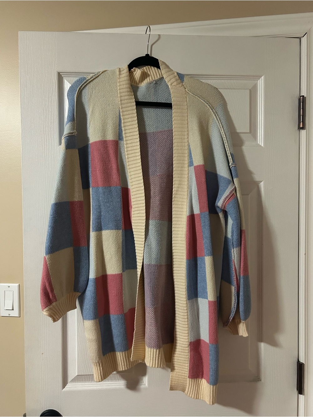 Cream Open-Front Patchwork Cardigan Sweater with Blue and Pink Blocks